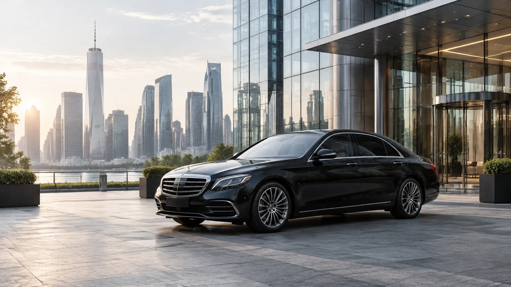 Executive sedan outside a modern office tower