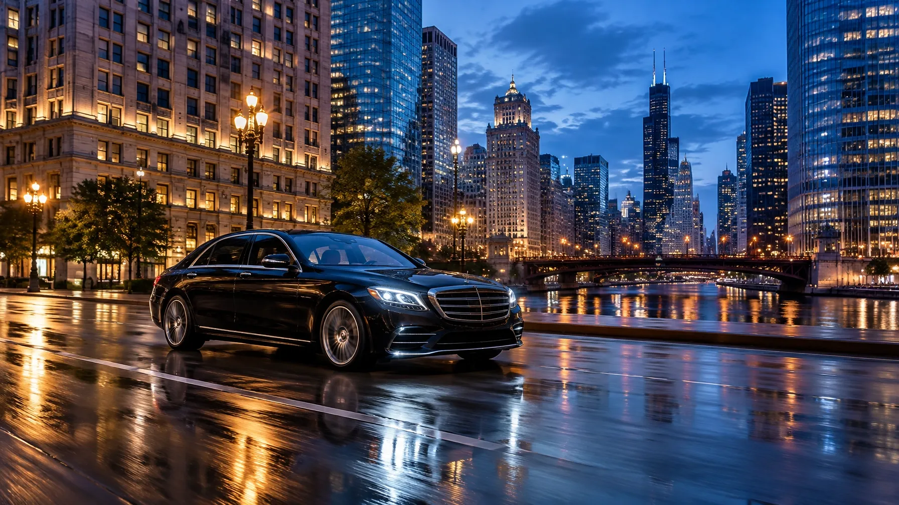 Executive sedan on a downtown city street at dusk