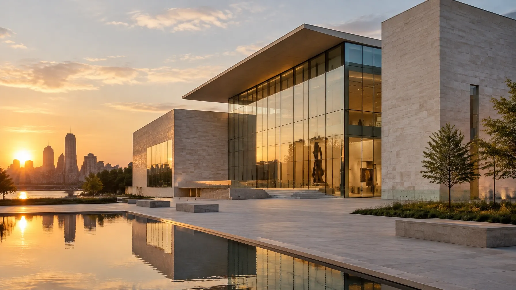 Contemporary art museum exterior in warm evening light