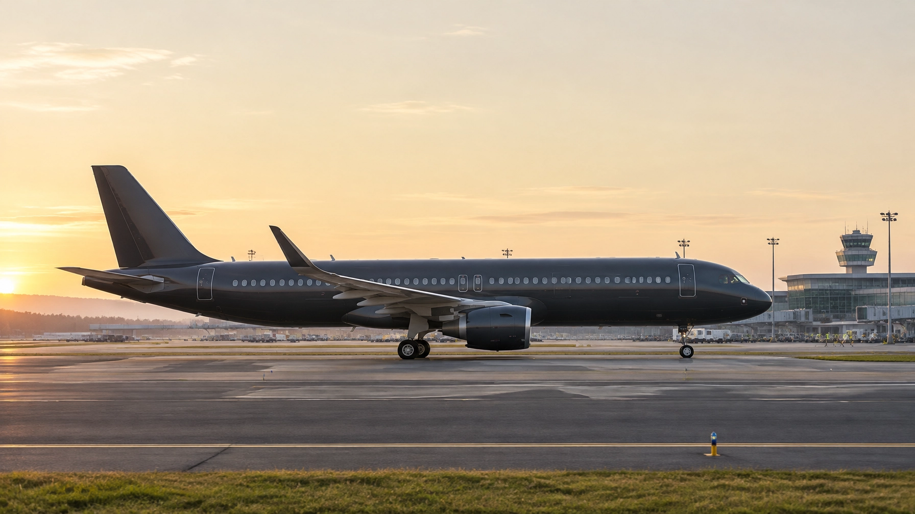 Modern twin-engine passenger jet on an airport runway at sunrise