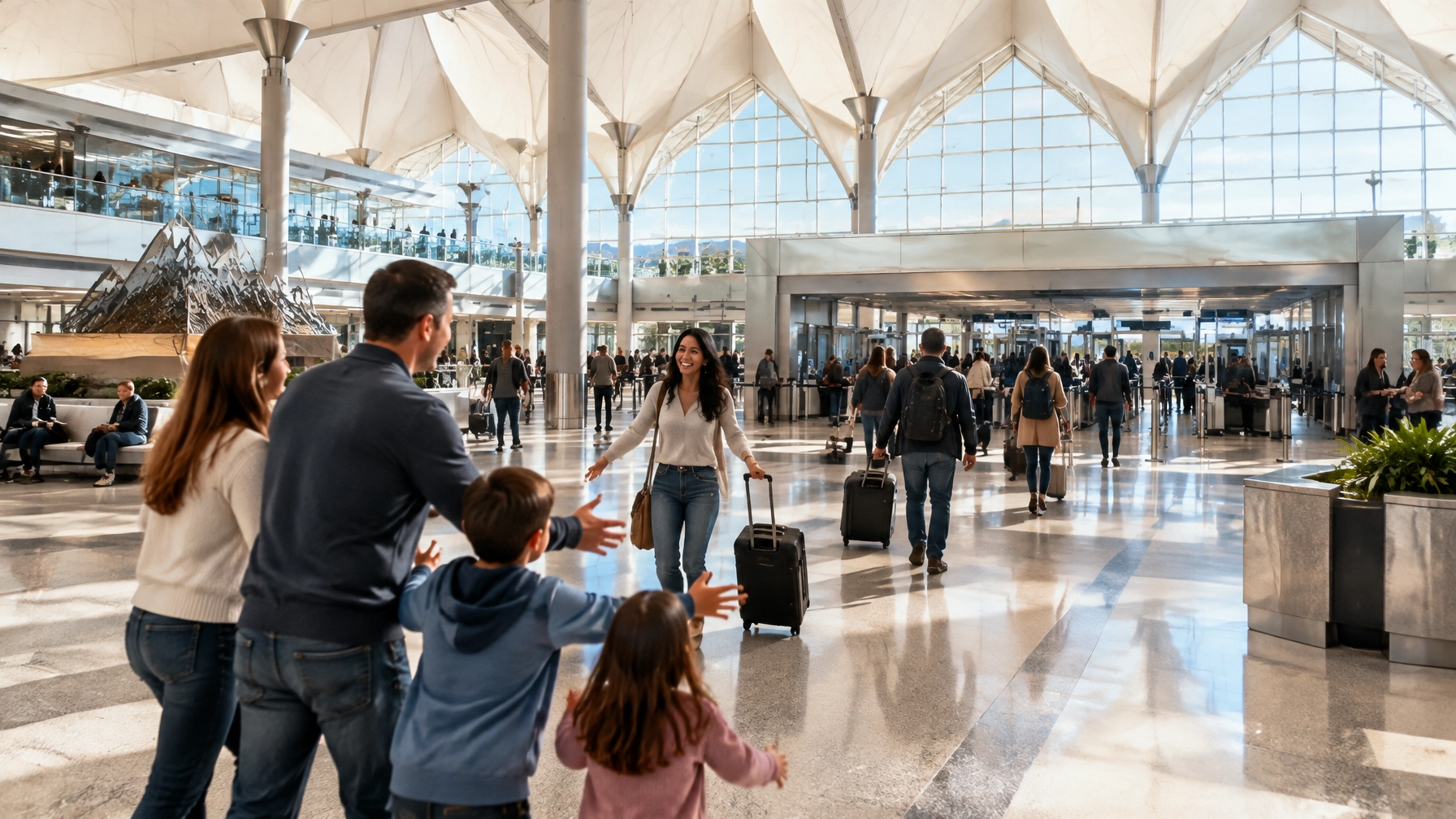Bright modern airport terminal hall with open space for arriving travelers