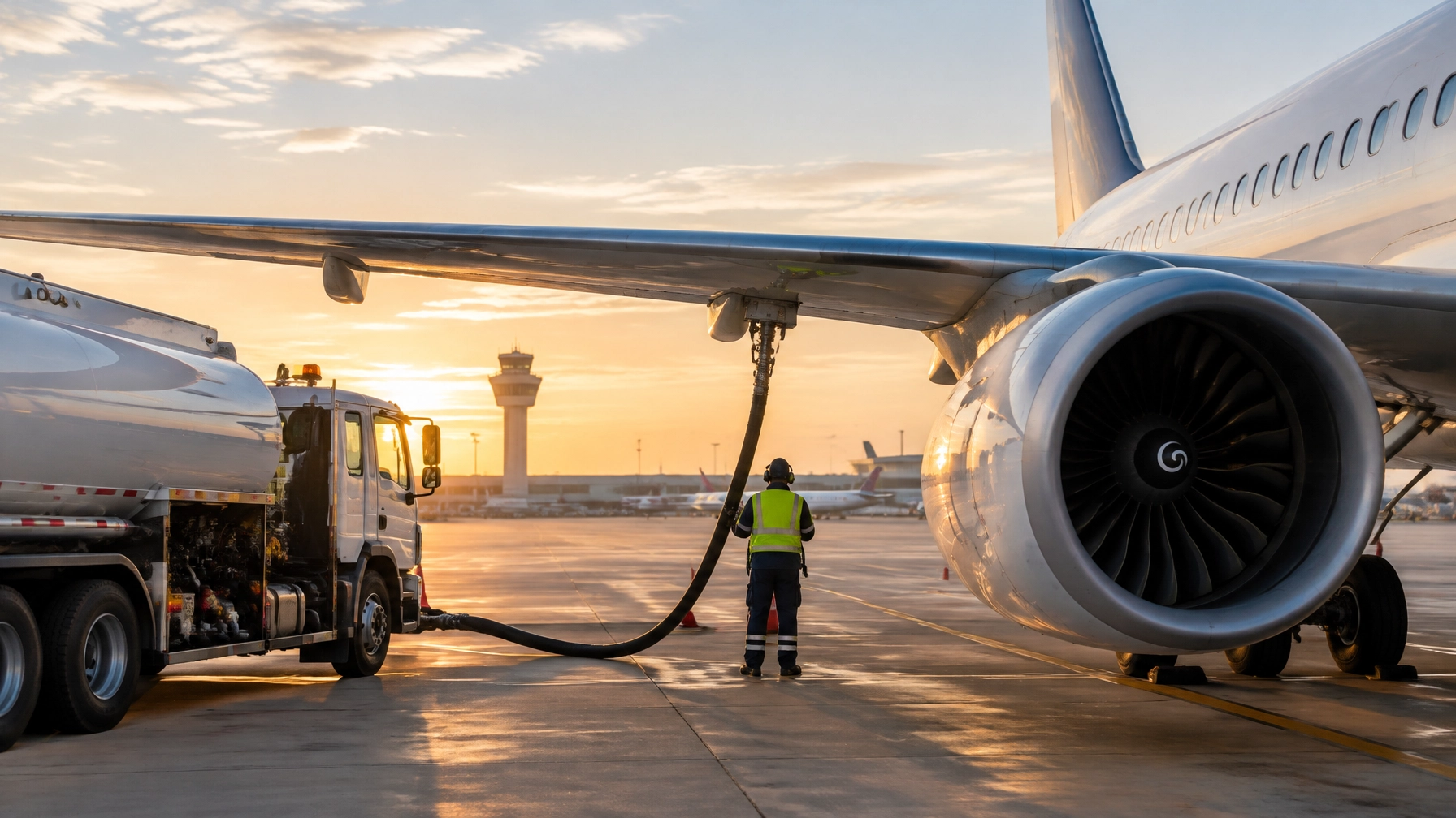 Passenger aircraft refueling at a U.S. airport in early morning light