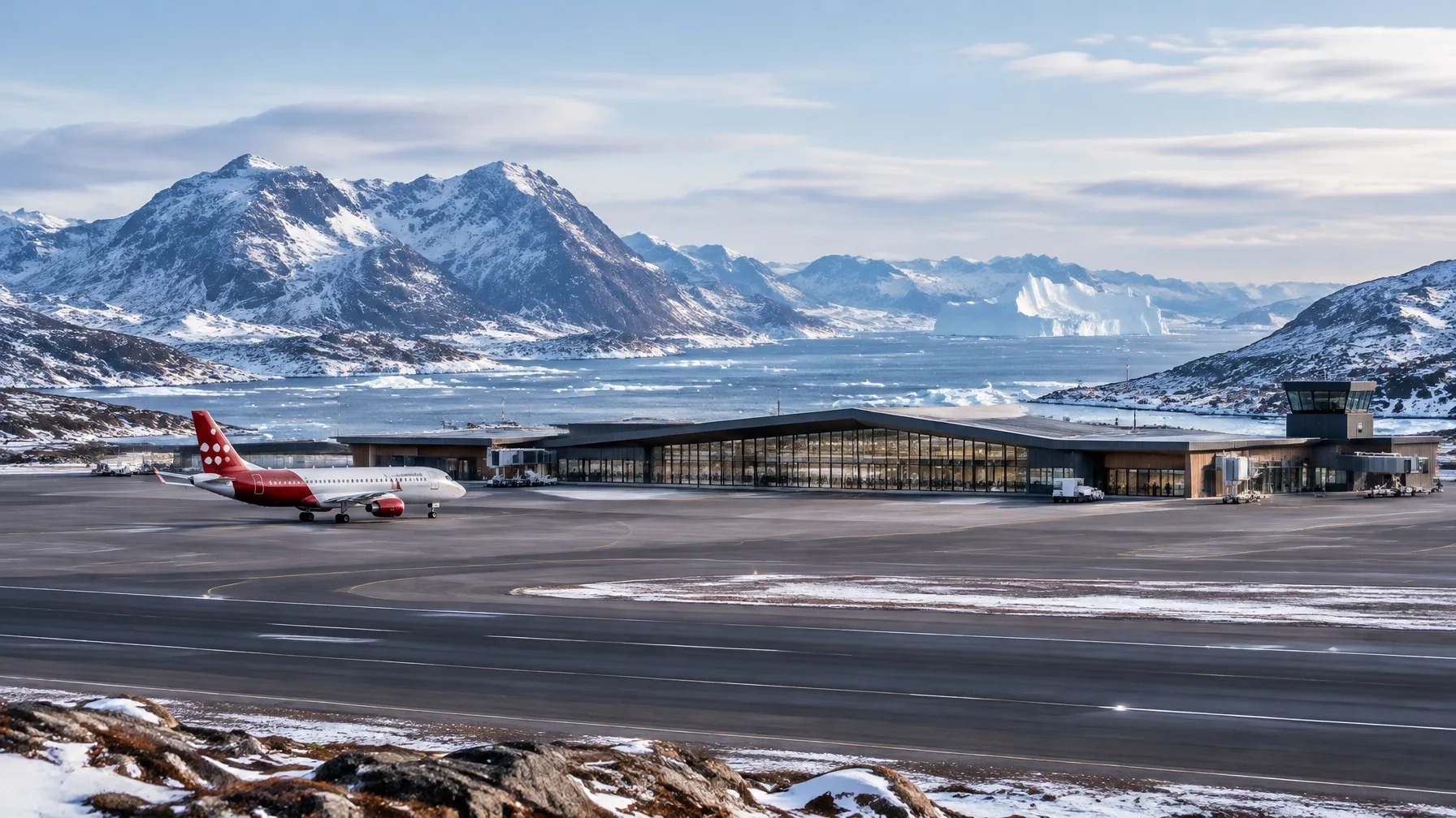 Passenger aircraft at a modern airport in Greenland with Arctic mountains in the distance