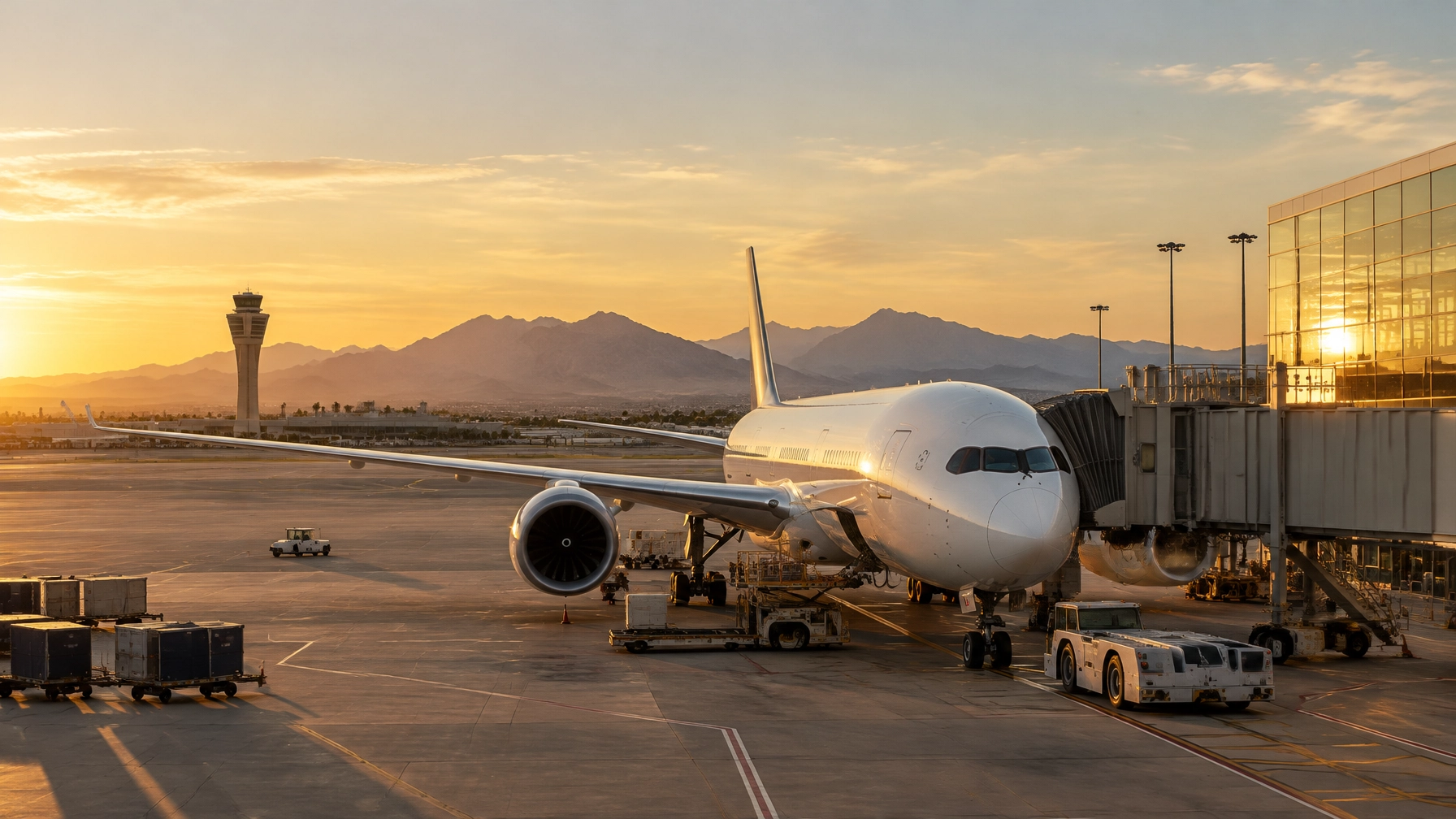 Passenger jet at a Phoenix airport gate in warm desert light