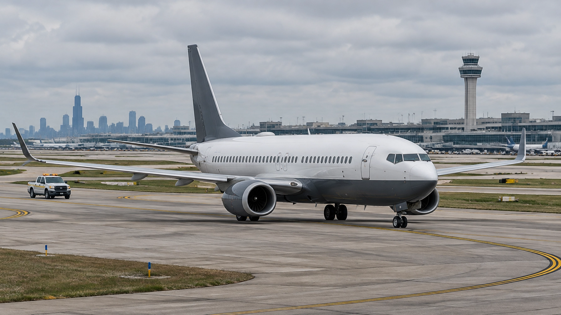 Passenger aircraft taxiing safely at a large Chicago airport terminal