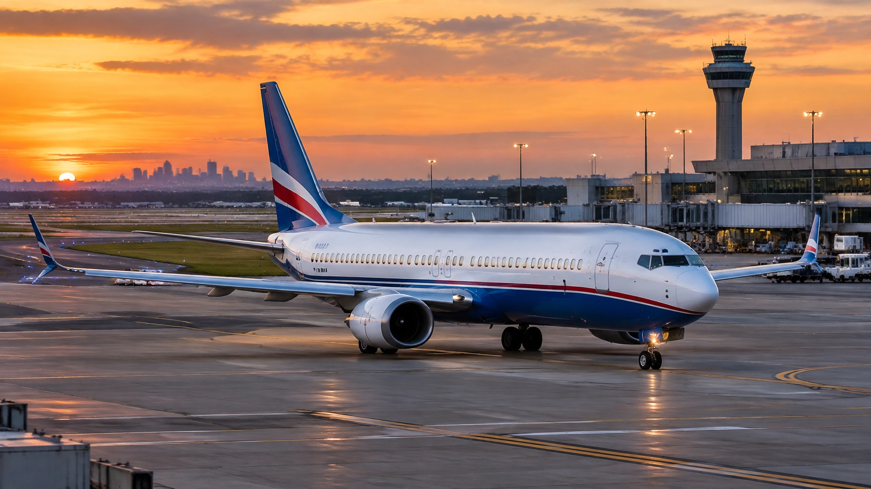 Passenger jet taxiing at a U.S. airport in late-day light