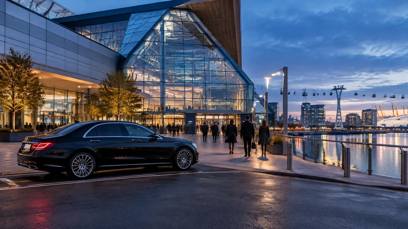 Black chauffeur sedan outside a modern glass exhibition venue beside London docklands